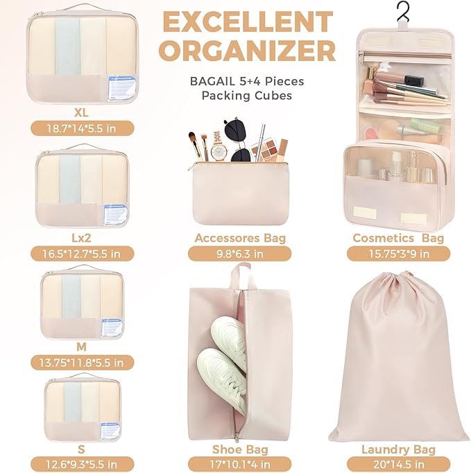 BAGAIL 9 Set Packing Cubes with Packing List Luggage Packing Organizers for Travel Accessories