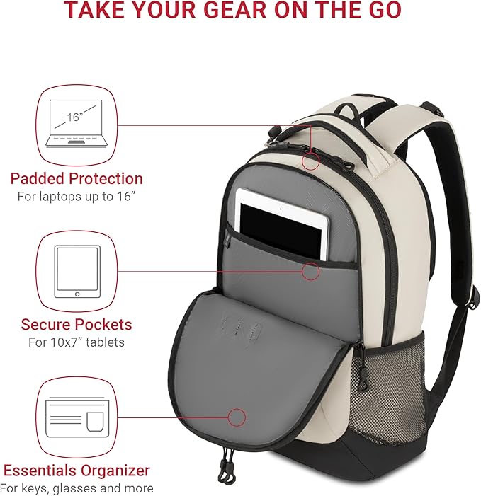 SWISSGEAR Cecil 18-Inch Laptop Backpack Fits 16-Inch Laptop, Travel Daypack with Organizer Pockets, Water Bottle Holders & Padded Straps – Cream/Black