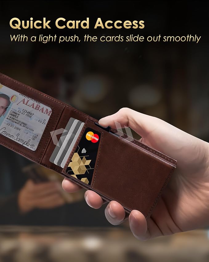QLD Wallet for Men - RFID Blocking [Functional & Practical] Bifold Slim Minimalist Credit Card Holder Pop Up Metal Case with Cash Slot, Front Pocket with ID Window, Gift Boxed