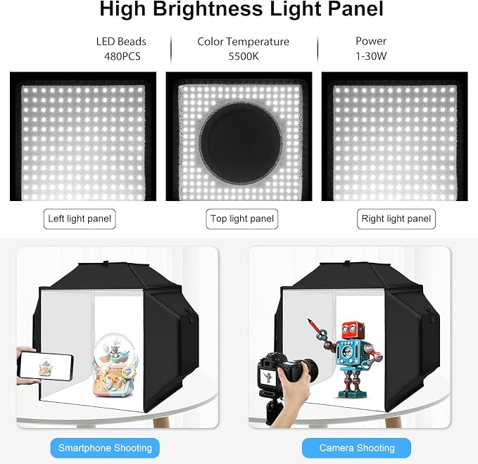 Glendan Portable Light Box Photography 16"x16" | Professional Dimmable Photo Box, High CRI 480 LED Lights, Soft Box, 4 Photo Backdrops for Jewelry and Product Photography