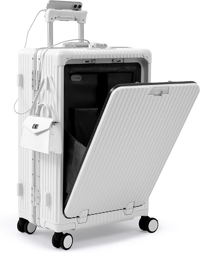 Nobl Travel Zipperless Check In Suitcase - Aluminum Frame, Medium Check In luggage 27x17.5x10.4 Airline Approved by Noble Travel - Polycarbonate Shell - TSA Locks, 360° Spinner Wheels - Ivory