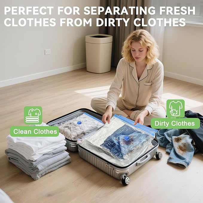 15 Pack Vacuum Seal Bags for Clothing Travel with -60000Pa USB Pump, Save 80% of Space for Clothes (15 Combo)