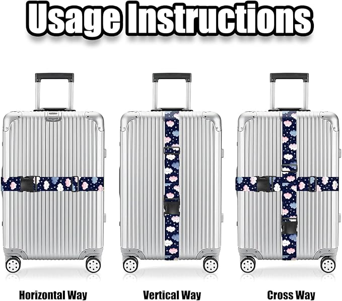Nuxovilar Luggage Straps of 2 Set Cartoon Clouds Stars Pattern, 1.96x90.5 inches - Luggage Straps for Suitcases, Great for Night Trips, Family Travel, Daily Use