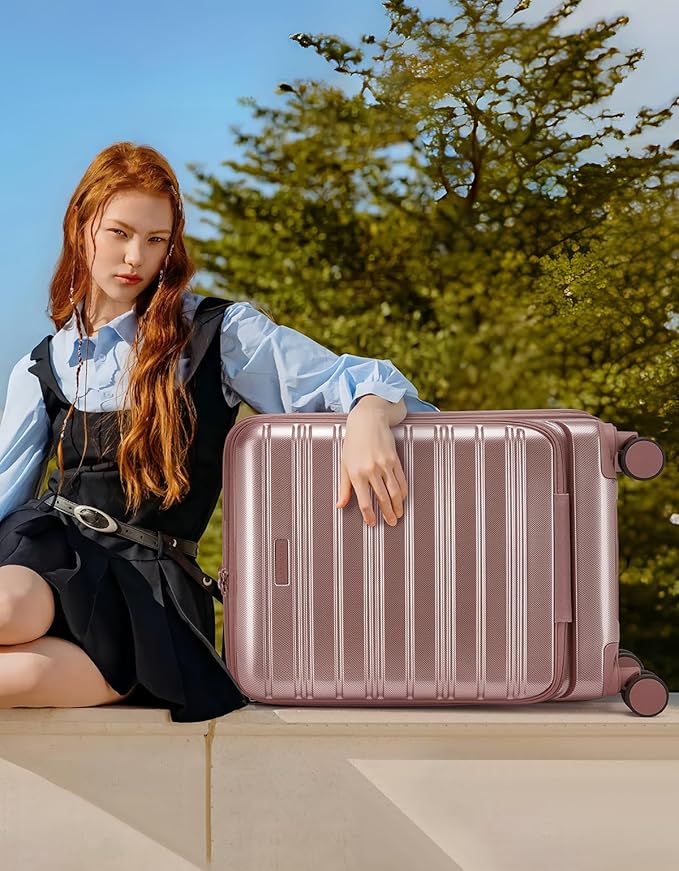 LARVENDER Carry On Luggage 22x14x9 Airline Approved, 20 Inch Expandable PC+ABS Hardside Carry On Luggage with Front Pocket Spinner Wheels TSA Lock for Women Men (Rose Gold)
