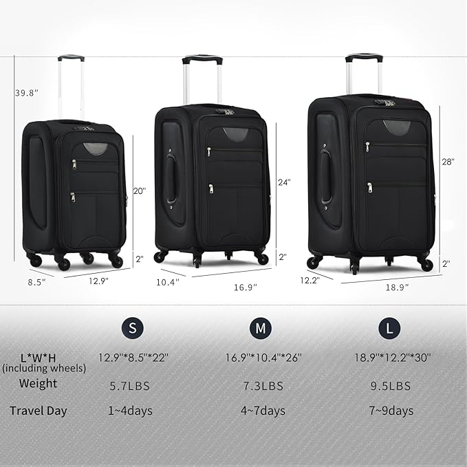 Softside Luggage Sets 3 Piece - 20" Carry-On, 24” & 28” Checked Luggage Set, Expandable Luggage Lightweight Suitcase with Spinner Wheels & TSA Lock for Family Extended Travel (Black)