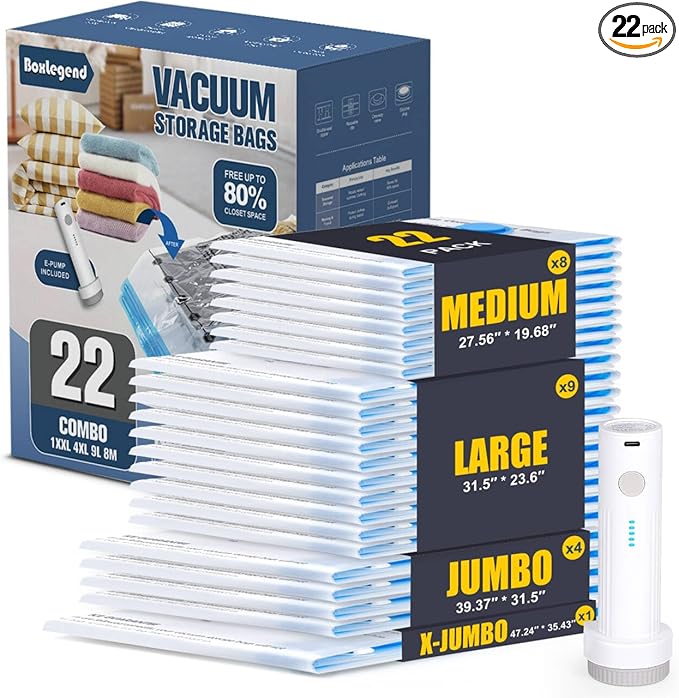 BoxLegend Vacuum Storage Bags with Electric Pump 22 Combo (1X-Jumbo, 4 Jumbo, 9 Large, 8 Medium) Thickened Vacuum Seal Bags for Clothing Space Saving for Coat Quilt Blanket Pillow Comforters