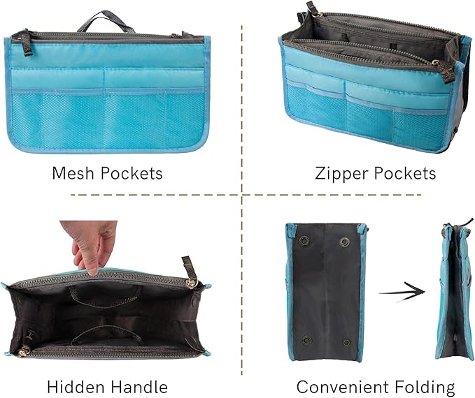 Vercord Purse Organizer Insert for Handbags Bag Organizers Inside Tote Pocketbook Women Nurse Nylon 13 Pockets Blue Small
