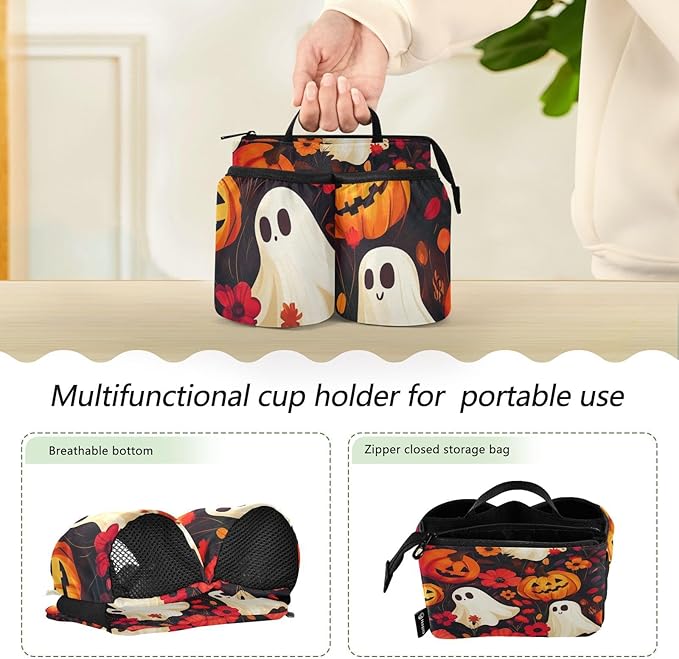 Halloween Ghost Pumpkin and Poppy Luggage Cup Holder Travel Portable Free Hand Drink Carrier Suitcase Drinks Beverage Holder Carry-On Bottle Mug Holder Organizer Bag Travelers Accessories