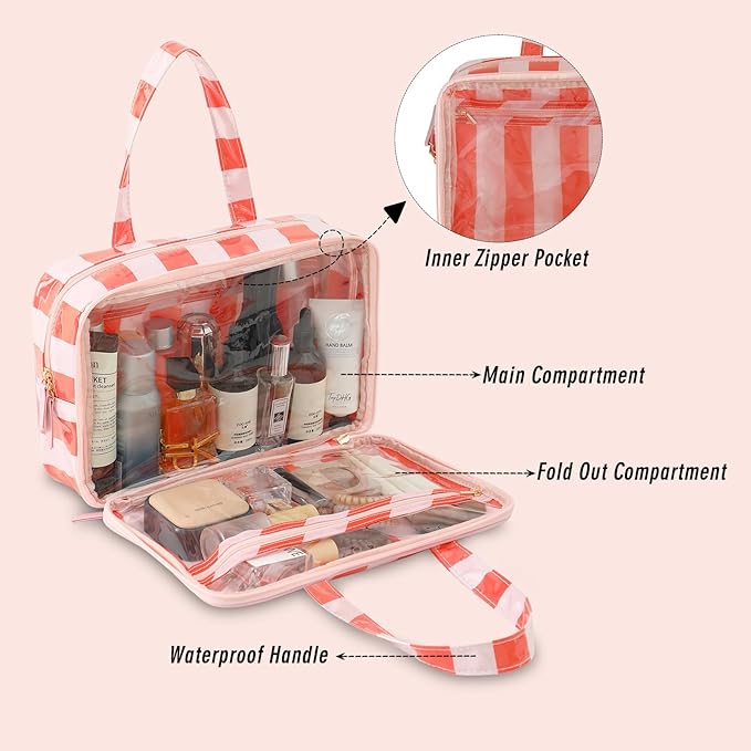 Travel Toiletry Bag for Women, Waterproof Clear Coated Portable Stripe Makeup Cosmetic Bag with Compartment, Travel Organizer for Shampoo, Conditioner, Brushes Set,Cosmetic Accessories(Pink-Orange)