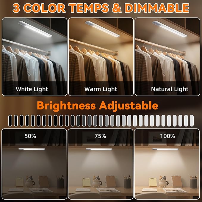 Under Cabinet Lighting Wireless, 10inch Motion Sensor Light Indoor, 3Pack | Rechargeable, 3 Color Temps, Dimmable, Power Display, LED Closet Light Magnetic, Under Counter Lights for Kitchen Shelf Home