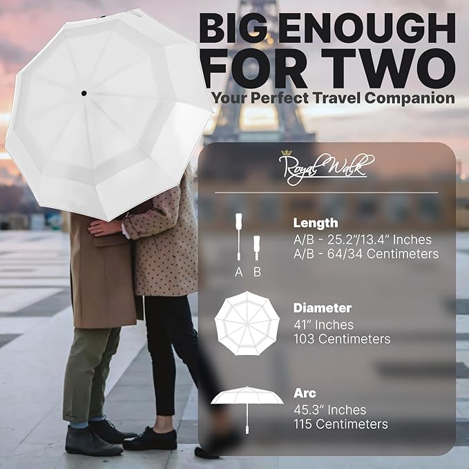 Royal Walk Windproof Folding Travel Umbrella Compact and Strong Luxurious Real Wood Handle Automatic Open Close Vented Double Canopy for Men and Women (White)