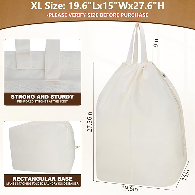 Canvas Laundry Bags with Handles & Rectangular Base, 90L Extra Large Heavy Duty Laundry Basket Hamper Liner Replacement, Washable Canvas Drawstring Dirty Clothes Bag (Beige, 2 Pack)