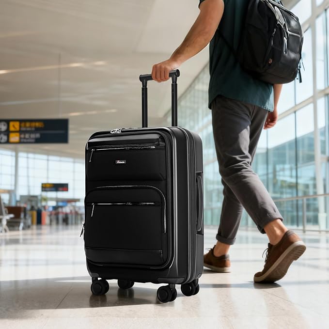 Luggage Sets 2 Piece, Carry On Luggage with Front Pocket & USB Port and 28 Inch Expandable Checked Luggage, Hybrid Soft Front & Hard Shell Suitcases with Spinner Wheels & TSA Lock, Black