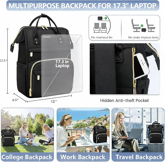 Focdod Women Laptop Backpack Work Bag - Fits 17.3 inch with Laptop Compartment Waterproof Professional Fashion Travel Purse for College Nurse Business Computer Backpack Black