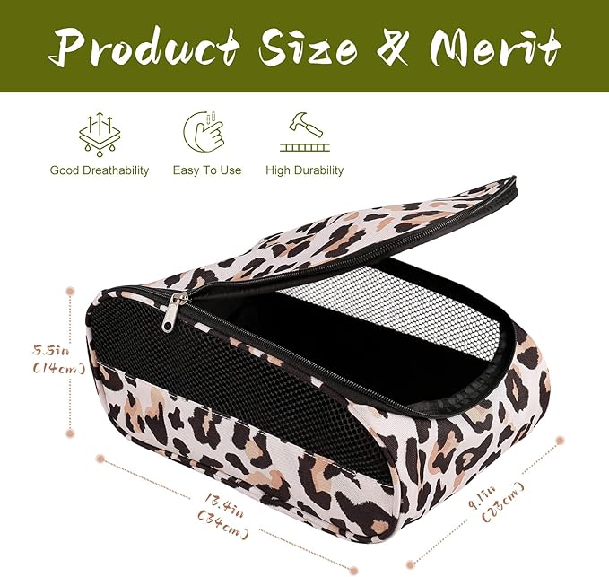 Golf Shoe Bag, Outdoor Zipper Sports Shoe Strap Bag with Air Mesh Ventilation, Durable Waterproof Golf Shoe Carry Bags with Sturdy Handle for Gym, Soccer, Running & Suitcase Packing (Leopard Print)