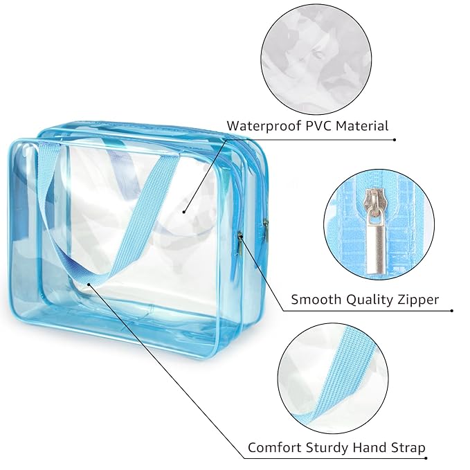 2Pcs Crystal Clear PVC Travel Toiletry Bag Kit for Women Men, Waterproof Vinyl Organizer Clear Makeup Bags with Zipper, Cosmetic Bag Pouch Carry on Airport Airline Compliant Bag Handbag (Double Layer)