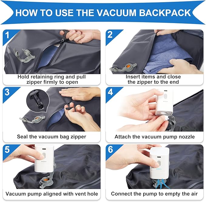 coowoz Vacuum Backpack Travel with Pump,Travel Backpack with Vacuum System For Women Men,Carry On Backpack,Hiking Backpack Waterproof Outdoor Sports Rucksack Casual Daypack,TPU Coated Black