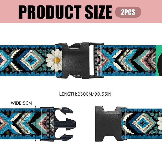 Nuxovilar Luggage Straps of 2 Set Ethnic Style & Daisies Pattern, 1.96x90.5 inches - Luggage Straps for Suitcases, Great for Cultural Trips, Outdoor Events, Daily Travel