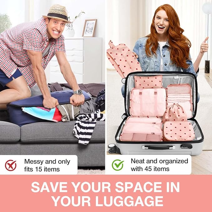 8 Set Packing Cubes for Suitcases,Packing Cube with Shoe, Cosmetics, Clothing, and Accessories Bags Packing Cubes for Travel Luggage Organizer Women Men(Pink Small Strawberry)