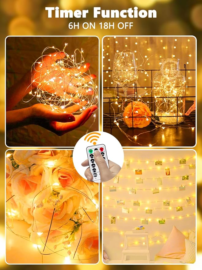 4 Pack Fairy Lights Battery Operated with Remote 120 LED 40 FT Warm White | Twinkle String Light with 8 Modes Timer and IP44 Waterproof for Indoor Outdoor Wedding Anniversary Birthday Party Decorations