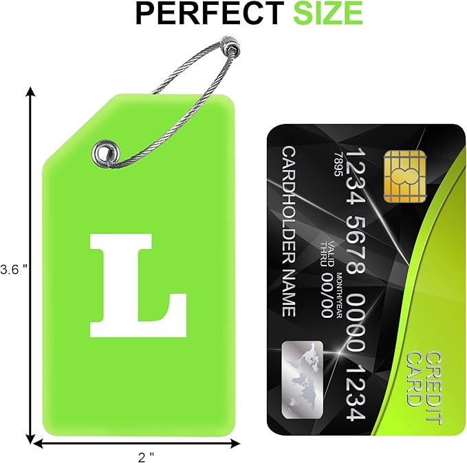 Gostwo 8 Pack Luggage Tags for Suitcases, 26 Initial Letter Travel Luggage Baggage Identification Labels ID Tags Fully Bendable Tags with Stainless Steel Loop (Letter L, Green)