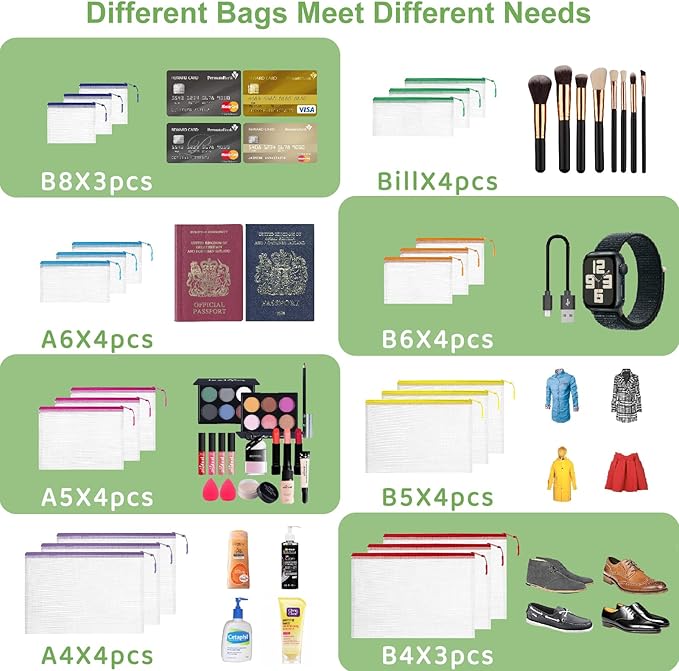 30pcs Mesh Zipper Pouch for Organization, Waterproof Zipper Pouches Colored PVC Travel Zipper Bags Clear Multipurpose Document Bags Suitable for Travel, School, Board Game and Office Supplies