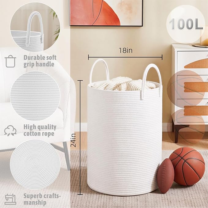 Laundry Basket,Woven Cotton Rope Laundry Hamper,100L for Decorative Storage of Dirty Clothes,Toys and Blankets in Bathroom,Baby Room and Living Room