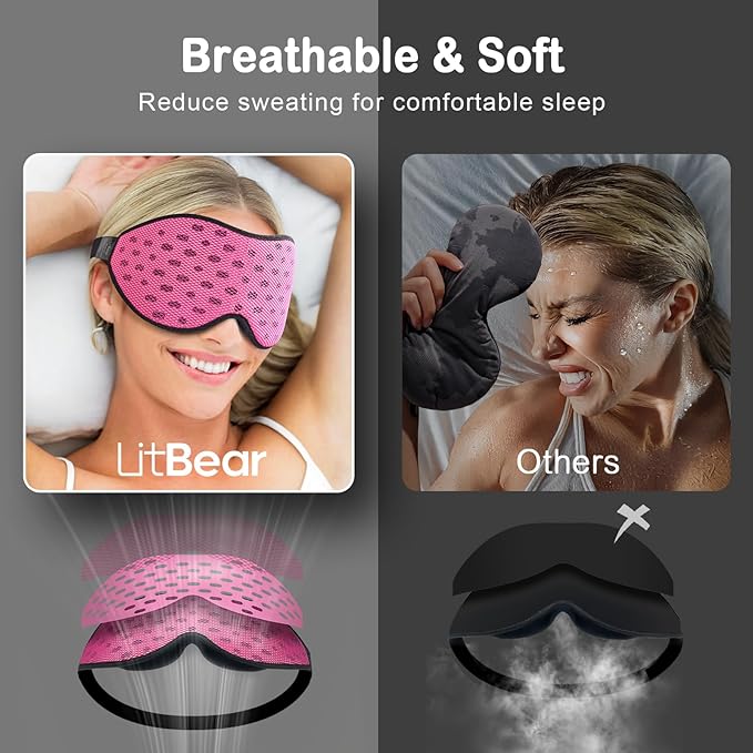 LitBear Breathable Sleep Mask, 3D Eye Mask Sleep for Side Sleepers Women Men, Light Blocking Sleeping Mask with Adjustable Strap, Soft Lightweight Eye Cover for Travel, Night Work, Nap, Office - Pink