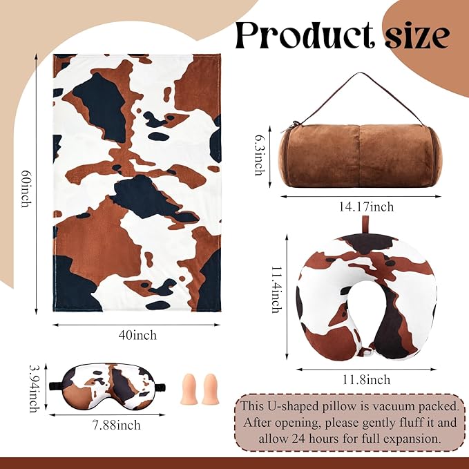 5 Pcs Travel Pillow and Blanket Set, 5 in 1 Travel Airplane Compact Includes 40 x 60 Inch Throw Blanket Eye Mask Neck Pillow Earplug and Bag Gifts for Travelers Women(Cow Print,Brown)
