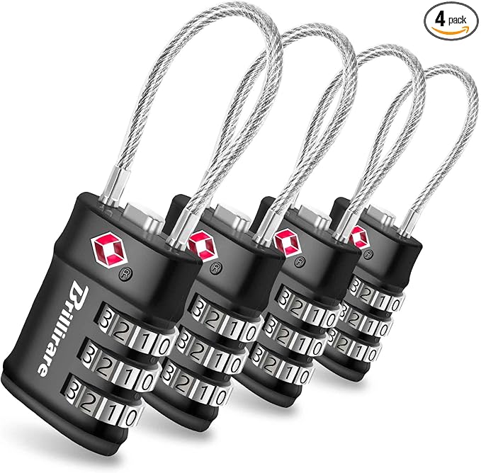 4 Pack TSA Approved Luggage Locks, Combination Travel Cable Lock, 3-Digit Waterproof Padlock, Zinc Alloy Outdoor Keyless Resettable Lock for Travel, Lockers, Bags, Backpack, Gym, Gate-by BRILLIRARE