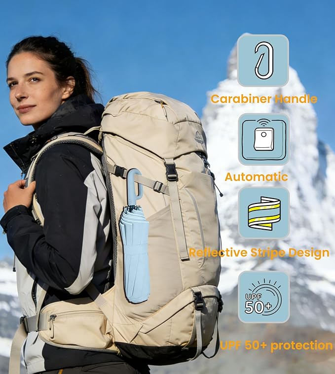 SIEPASA Travel Umbrella with Carabiner Handle - Windproof 10 Ribs Auto Open/Close for Rain & Sun Protection, Compact Portable Clip-on Backpack Design with Safety Reflective Strip.