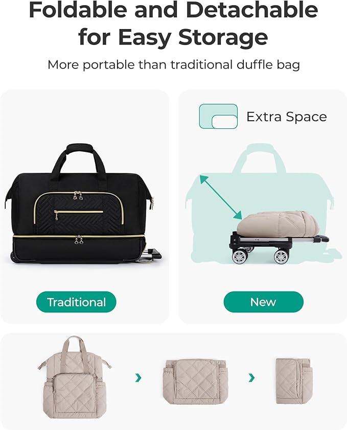 BAGSMART Rolling Duffle Bag with Wheels, 35L Carry on Travel Bag with Detachable Wheels, PVC Wet Pocket Duffel bag with Wheels, Camel
