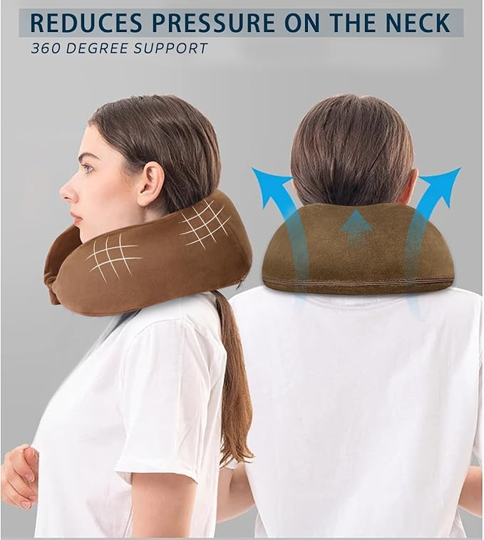 Neck Pillow Airplane Soft Travel Pillow for Traveling Sleeping Adjustable Memory Foam Neck Support Pillows for Cars Trains Offices Home Use Brown