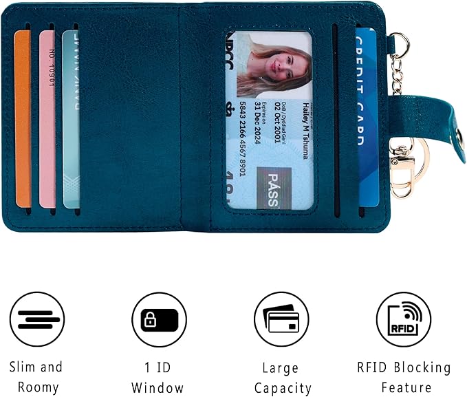 Airkit Small Wallets Woman RFID Blocking Leather Credit Card Holder - with ID Window - Card Wallets for Women - with Zipper Coin Purse - Keychain Wallet