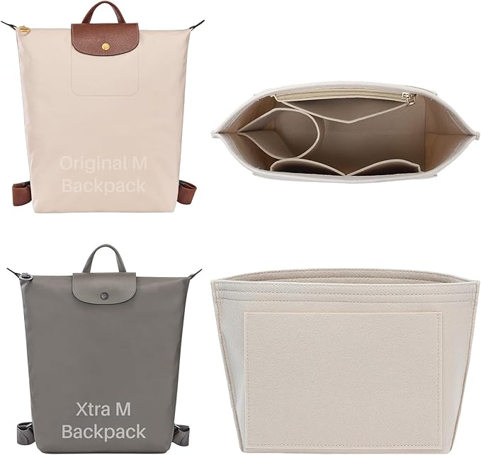 Premium Felt Purse Organizer Insert for Longchamp Le Pliage, Zipper Long Champ Bag Organizer Insert with Cup Holder, 8 Compartments