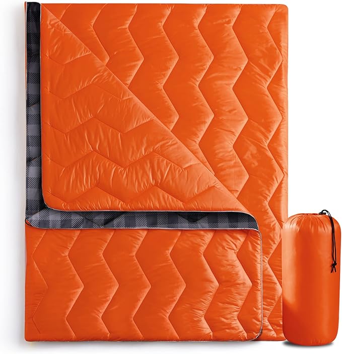 UNIKOME Waterproof Puffy Camping Blanket - Lightweight Packable Outdoor Quilt with Corner Loops, Warm Compact Blanket for Cold Weather Hiking Picnic Stadium Travel, 75"×52", Orange