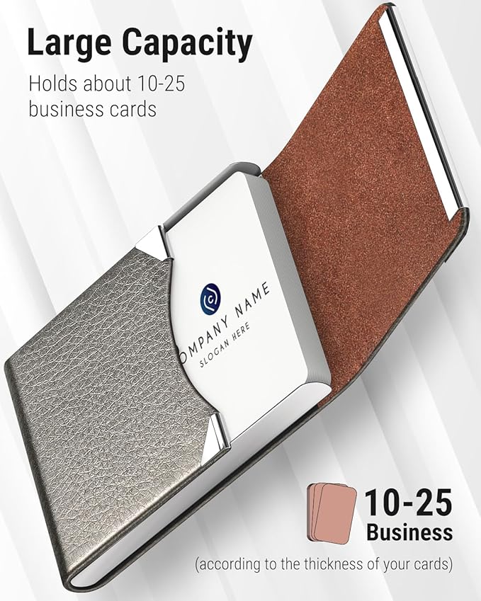 MaxGear Business Card Holder, Slim PU Leather & Stainless Steel Business Card Case for Men & Women, RFID Blocking Name Card Holder with Magnetic Closure, Gray