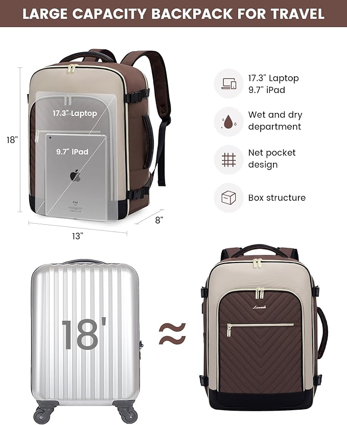 LOVEVOOK Large Travel Backpack for Women, TSA Carry on Backpack for Airplanes, 50L Personal Item Travel Bag for Women fits 17" Laptop,Waterproof Carry on Bag Airplane Approved with 3 Packing Cubes