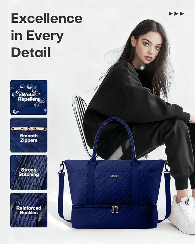 HOTOR Travel Duffel Bag - Weekender Bags for Women, Gym Tote Bags with Shoe Compartment, Carry On Overnight Bag with Toiletry Bag for Travel Essentials Travel Accessories, Dark Blue, 13.4"×17.3"×7.9"