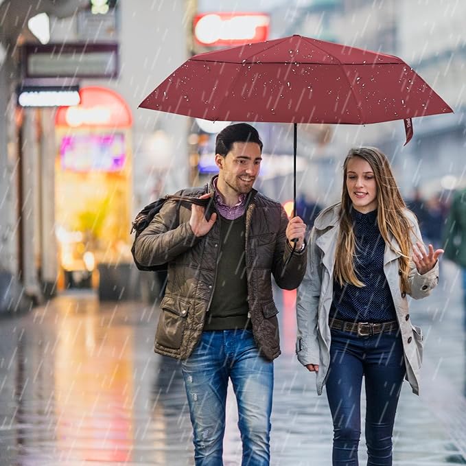 TradMall Travel Umbrella, 42/45 Inches Double Vented Canopy Windproof Automatic Strong Compact Folding Umbrellas for Rain Women and Men