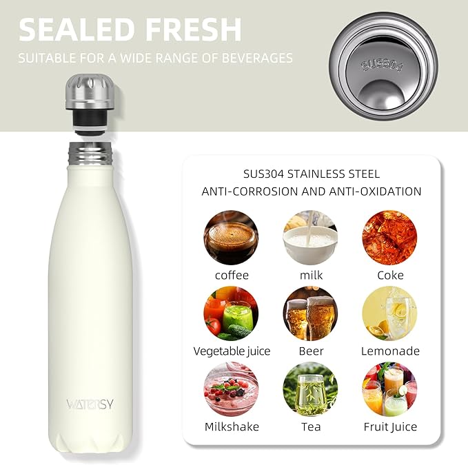 WATERSY Stainless Steel water bottles,17oz/500ml Insulated Water Bottles,Cream White metal water bottle Keeps Drink Cold and Hot,BPA Free kids water bottles for School,Gym,Travel,Sports