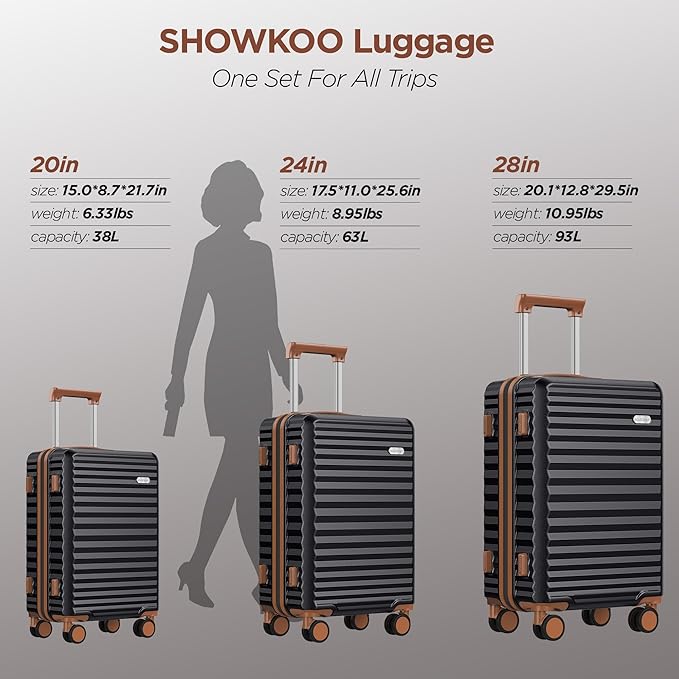 SHOWKOO Luggage Sets 3 Piece Hardside Expandable Suitcase with Double Spinner Wheels Tsa Lock Black (20in/24in/28in)