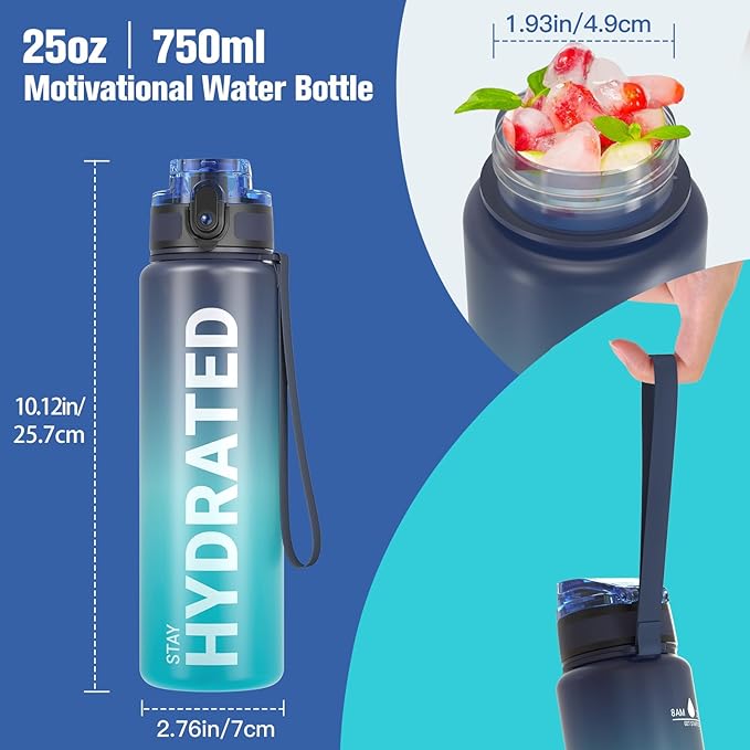 Sahara Sailor Water Bottle, 32/25/17oz Durable and Leakproof Water Bottles Motivational with Time Marker, Tritan, BPA Free, Wide Mouth with Easy Clean Brush for Gym, Travel, School, Office (1 Bottle)