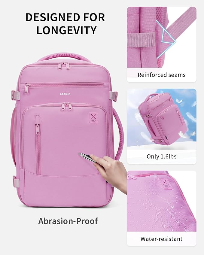 ECOHUB 17" Small Travel Backpack, United Airlines Personal Item Bag 17x10x9 with 16 Pockets, Water Resistant Rucksacks Fit 15.6" Laptop, AirTag Pocket, Lightweight Casual Daypack, 25L, Pink