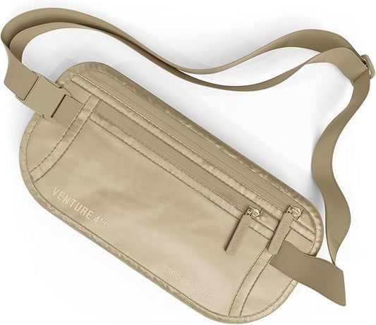 VENTURE 4TH Money Belt for Travel – Hidden Under-Clothes RFID Blocking Passport Holder & Slim Travel Wallet Pouch for Men & Women to Protect Cash, Cards & Documents (Sleek Beige)