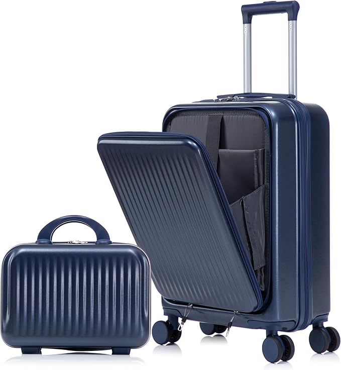 2 Pcs ABS Spinner Luggage Set - 14" Cosmetic Case & 20" Carry-On with Combination Lock, Front Opening Design, Navy Blue