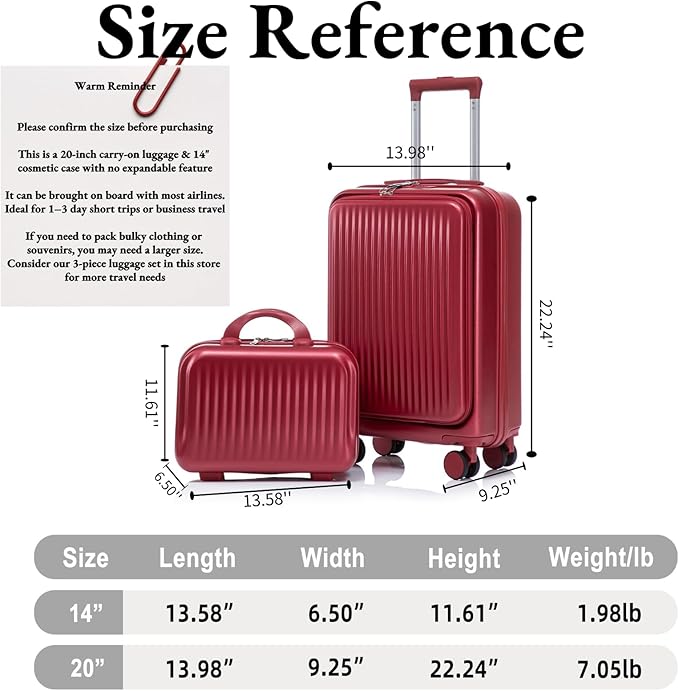 2-Piece ABS Hard Shell Lightweight Carry-On Luggage Set (14" & 20"), 360-Degree Spinner Wheels, Adjustable Telescopic Handle and Combination Lock for Travel, Wine Red