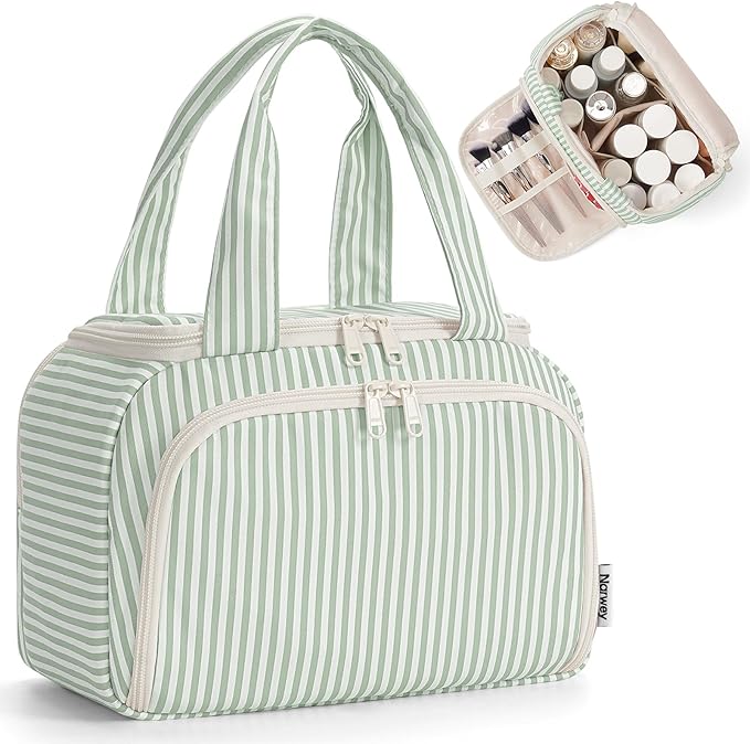 Narwey Striped Travel Toiletry Bag for Women Large Makeup Bag, Wide-open Cosmetic Make Up Organizer with Handle, Travel Bag for Toiletries, Essentials, Accessories (Mint Green Stripe)