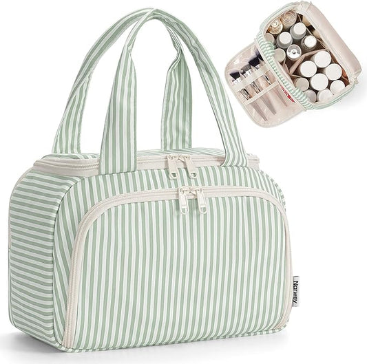 Narwey Striped Travel Toiletry Bag for Women Large Makeup Bag, Wide-open Cosmetic Make Up Organizer with Handle, Travel Bag for Toiletries, Essentials, Accessories (Mint Green Stripe)