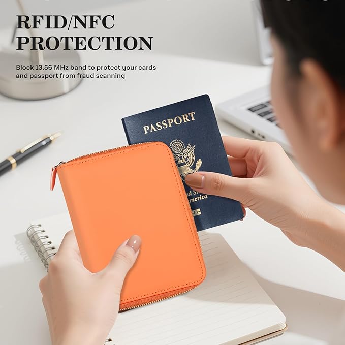 CoBak Passport Holder Cover with Safe Zipper Closure, Premium Passport Wallet for Travel, RFID Blocking Card Case, Waterproof Travel Accessories for Women, Grain Rose Gold